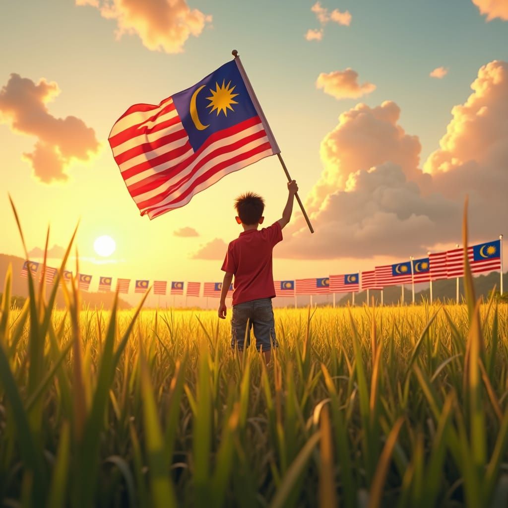 Boy with Malaysian Flag in Golden Paddy Field