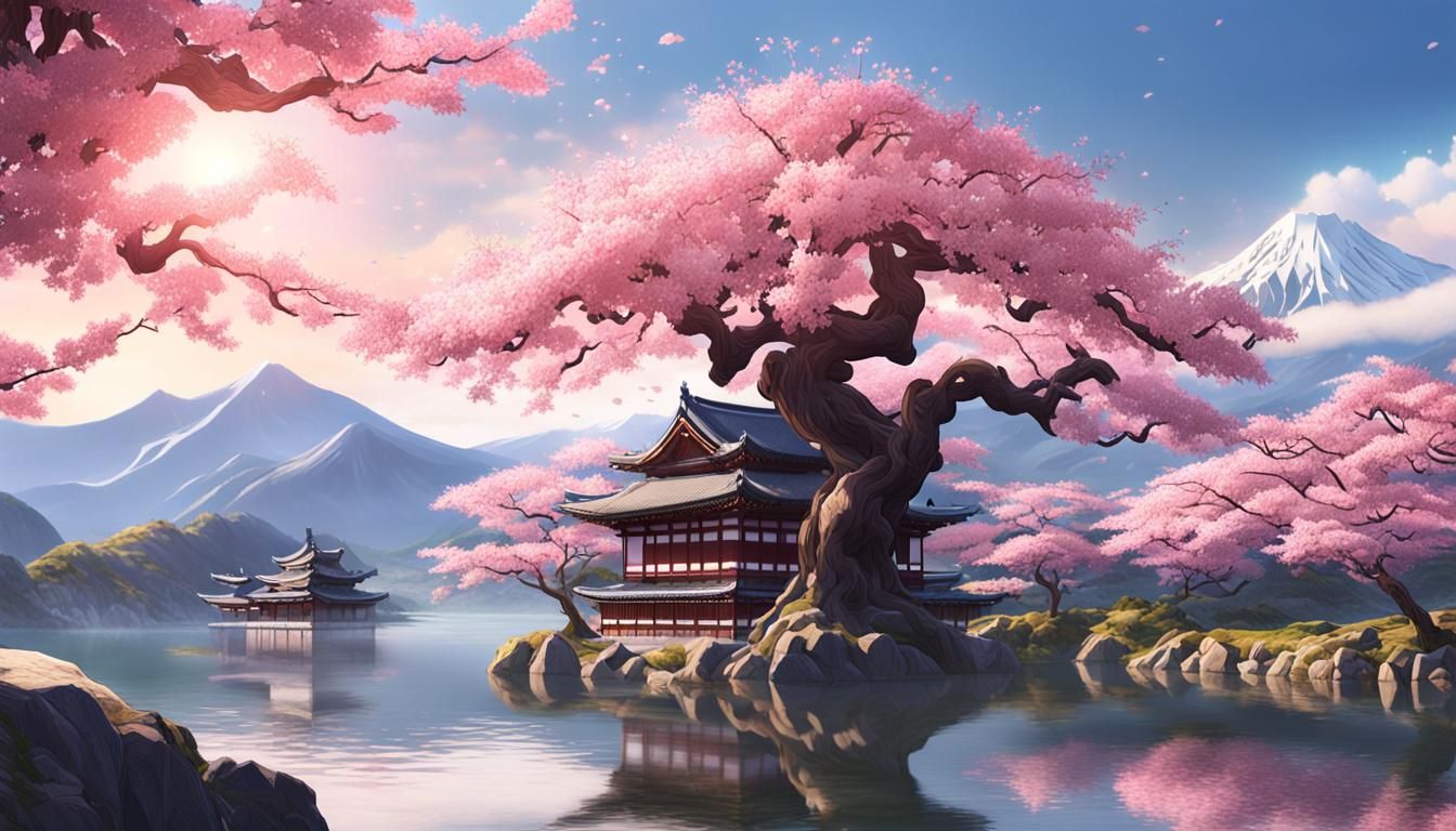 Ancient Sakura Tree with Japanese Temple, Anime Art