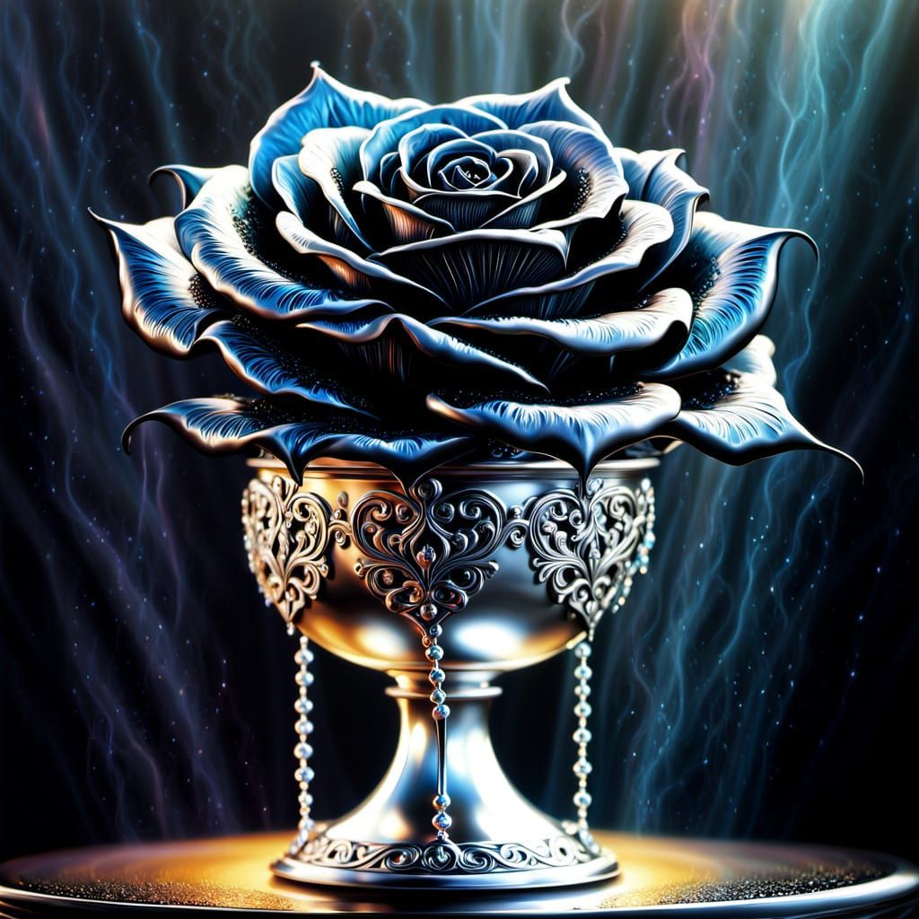 Black Rose in Silver Vase, Aetherpunk Style