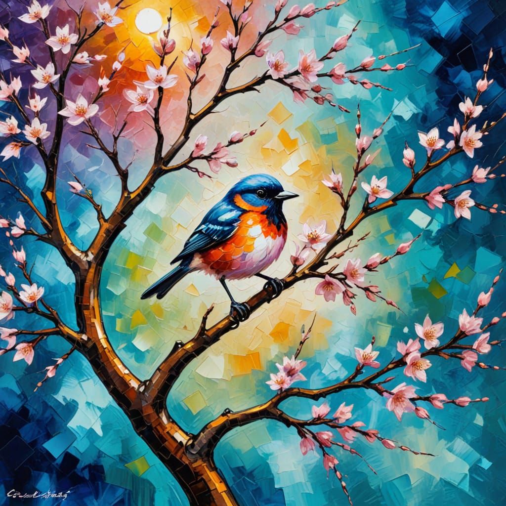 Cherry Blossom Tree Bird: Expressionist Impasto Painting