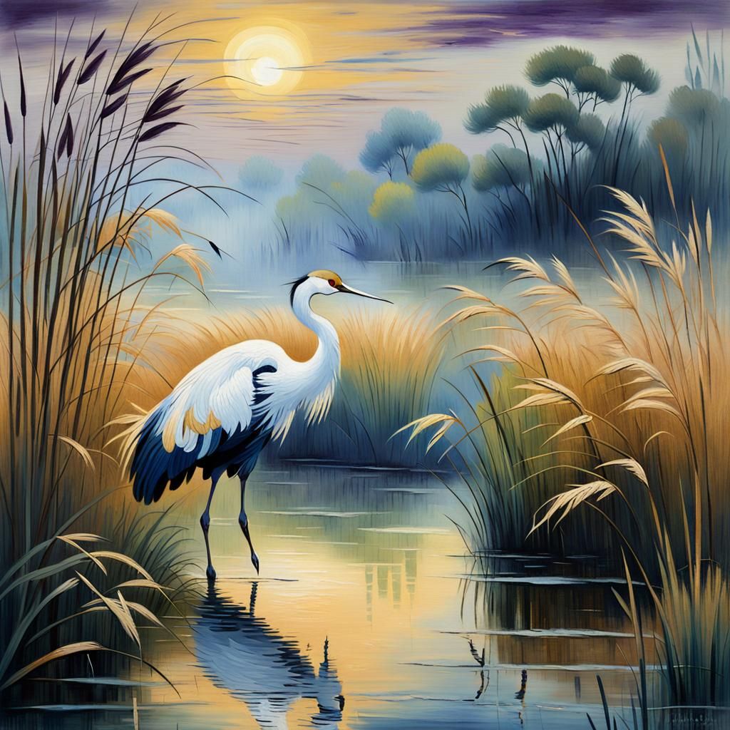 Impressionist Japanese Crane in Misty Evening Landscape