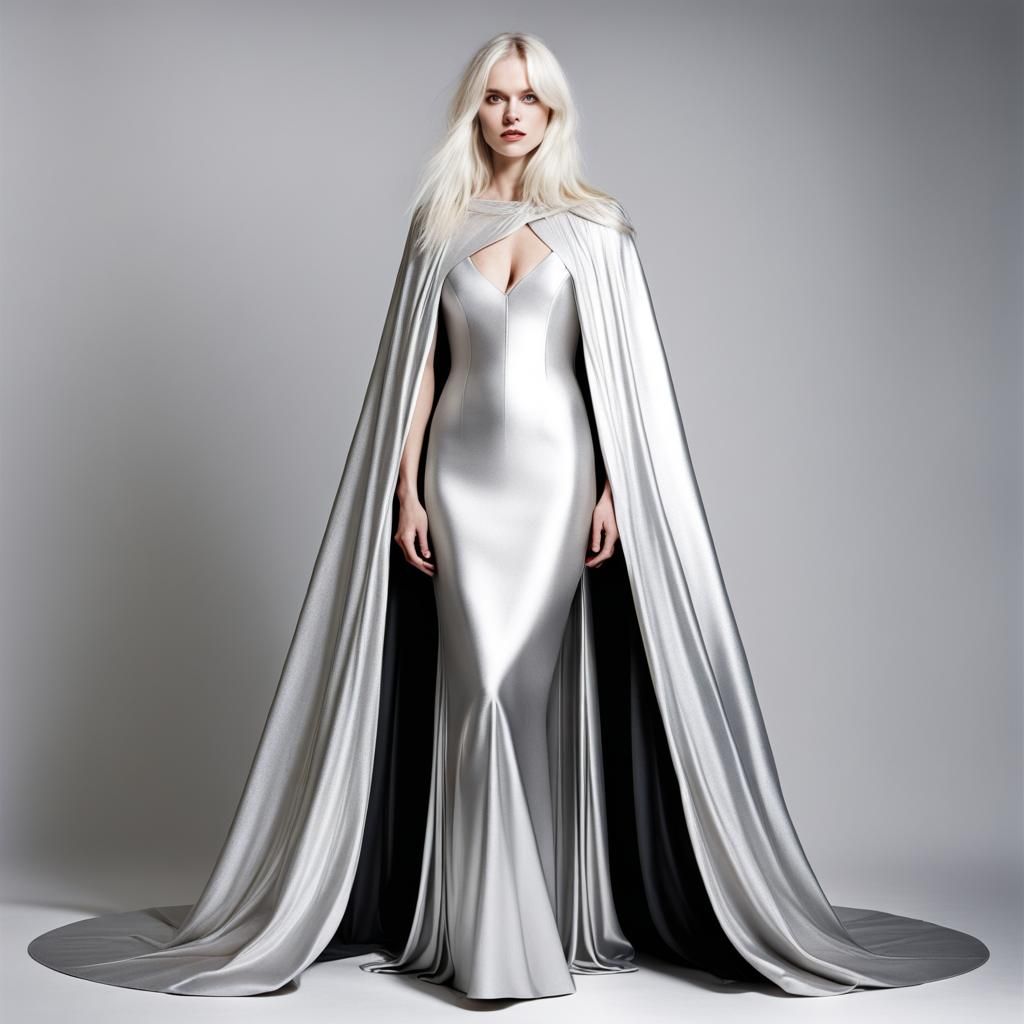 Long platinum blonde silver dress silver cloak