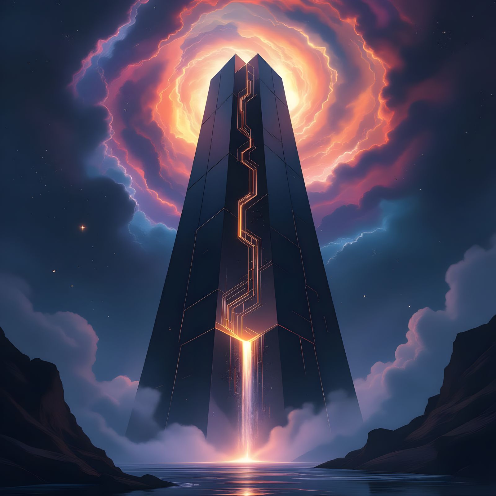Obsidian Tower Reaches Nebula in Minimalist Geometric Style