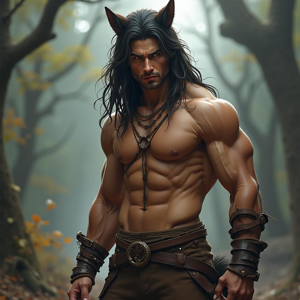 Handsome Wolf-Man with Golden Eyes in Fantasy Art Style