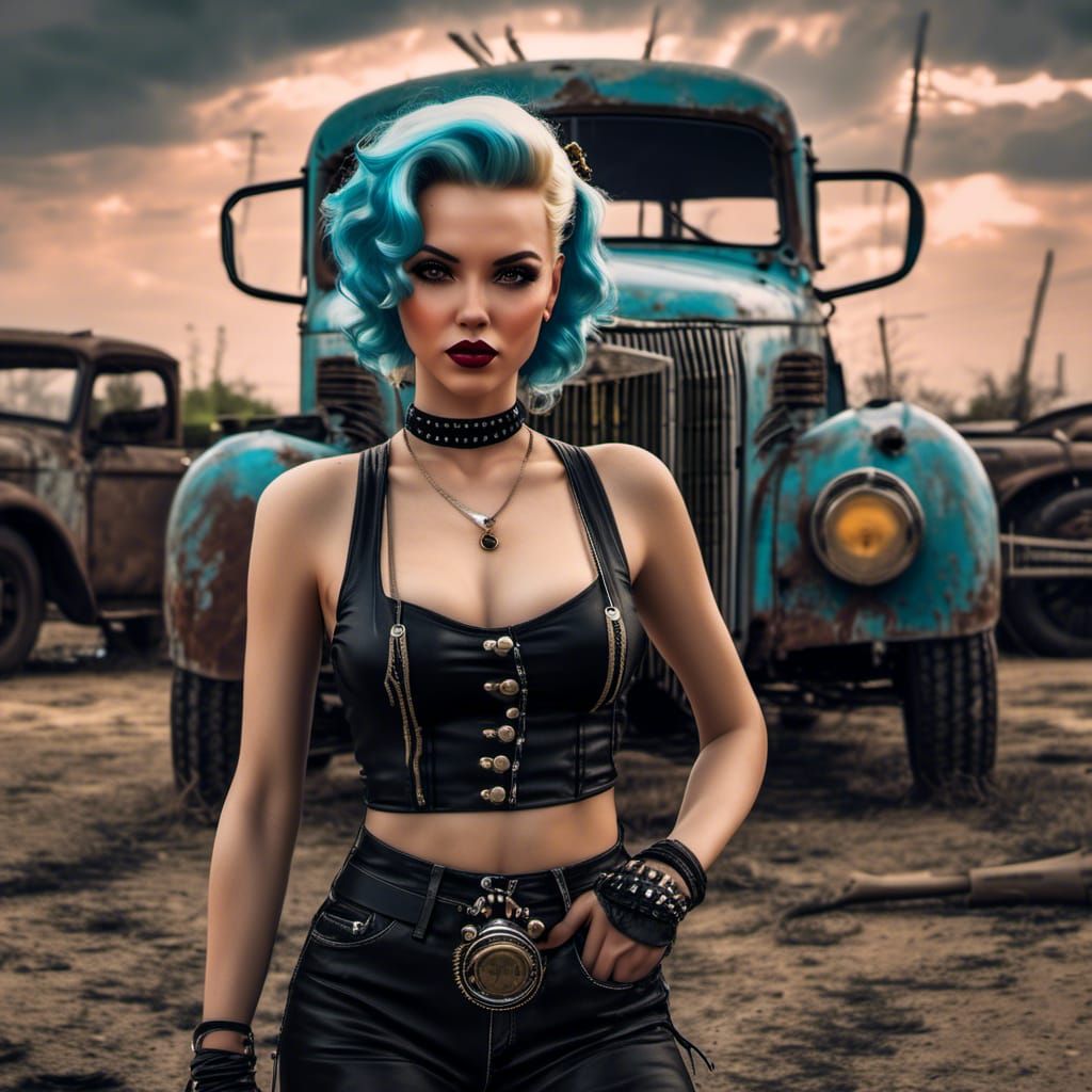 Rockabilly Girl on Chevrolet Hood, Acrylic Painting