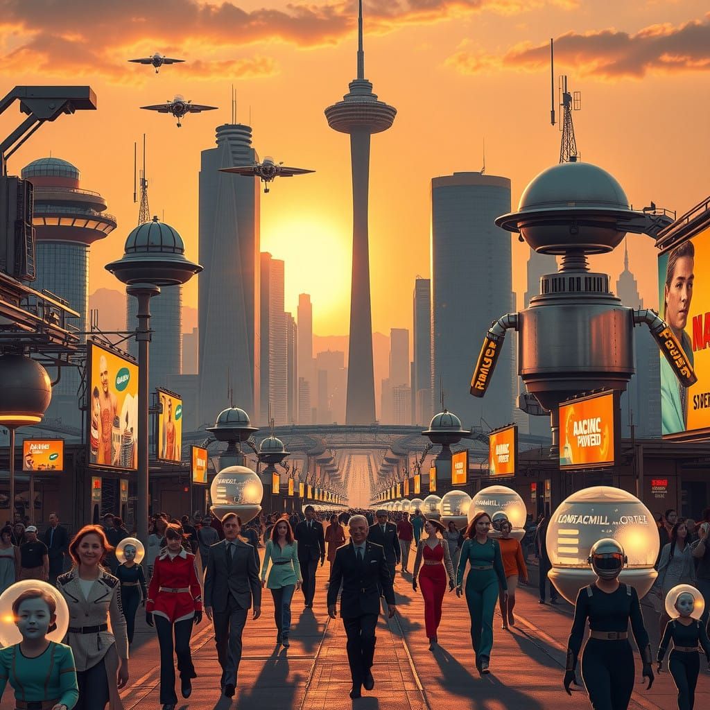 Retrofuturistic Cityscape with Space Elevator and Flying Car...