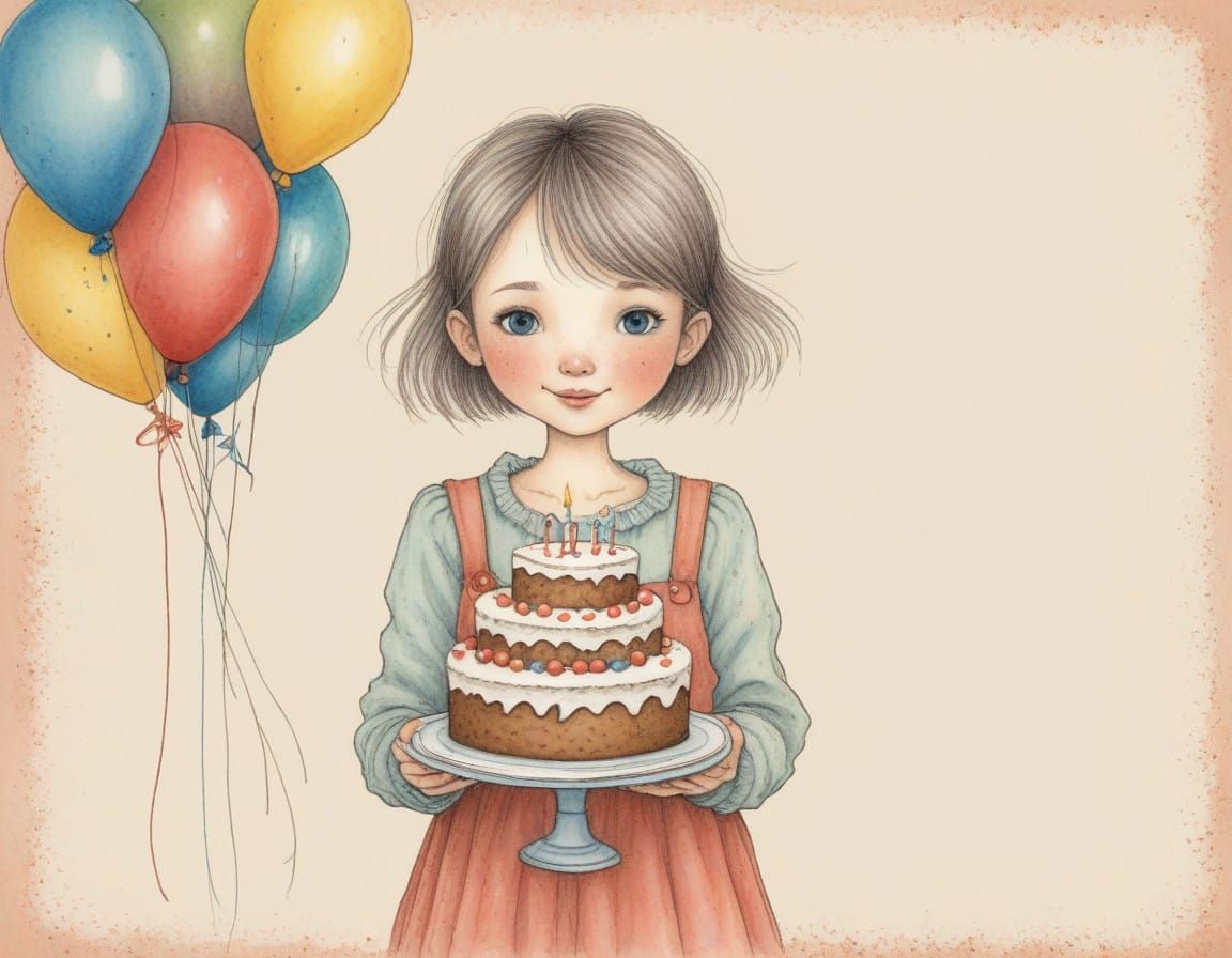 Whimsical Girl Holds Vibrant Birthday Cake