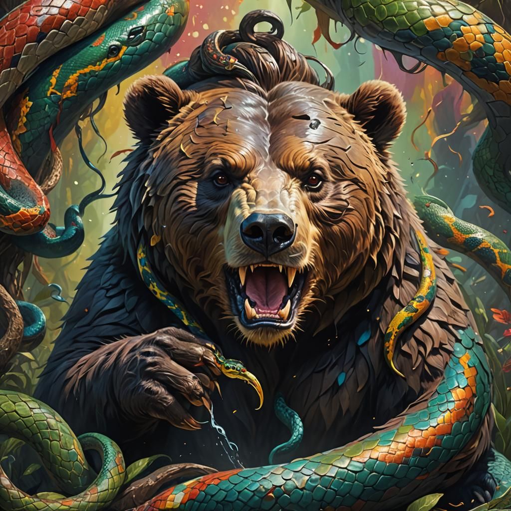 Hyperrealistic Bear and Snake Embrace