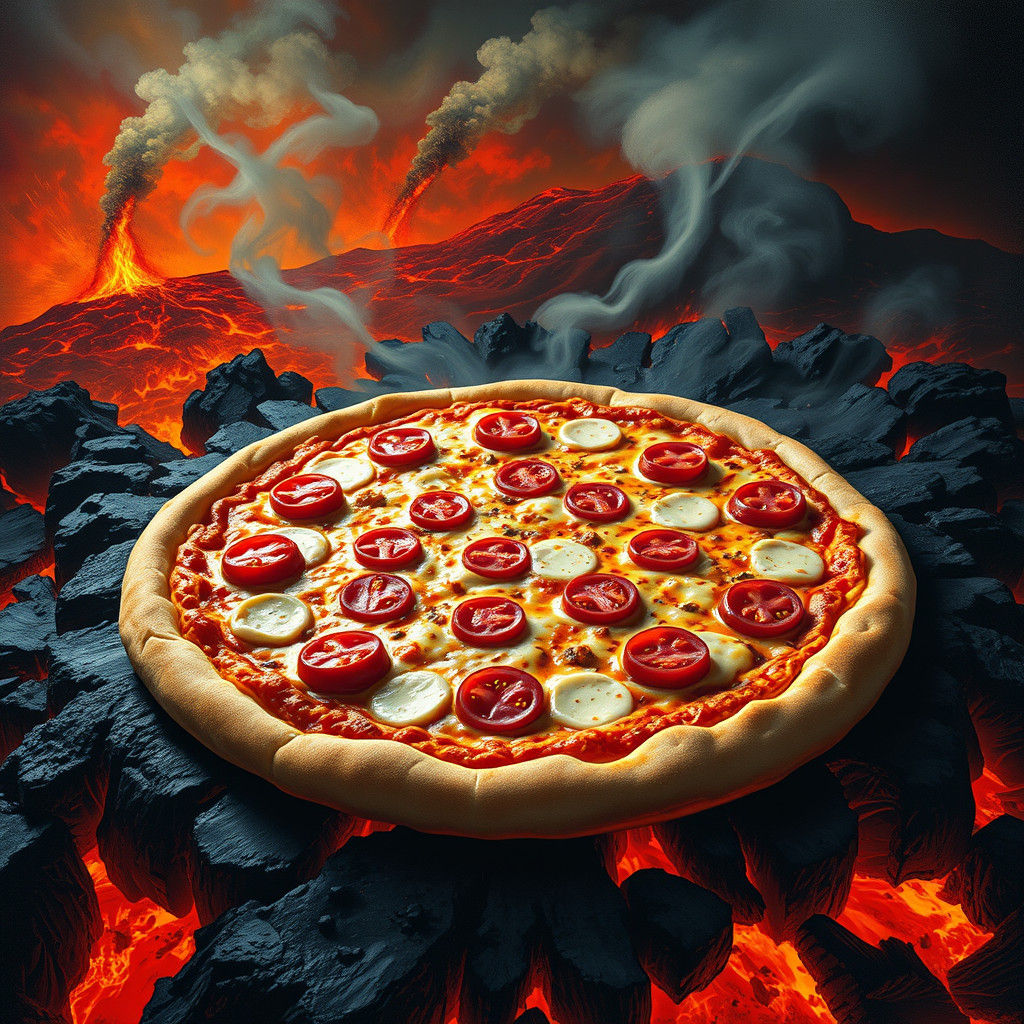 Pizza Bakes on Volcano in Surrealist Style