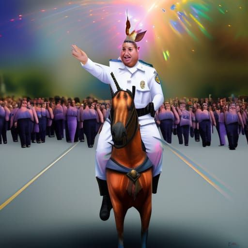 fat police officer riding a unicorn in a parade