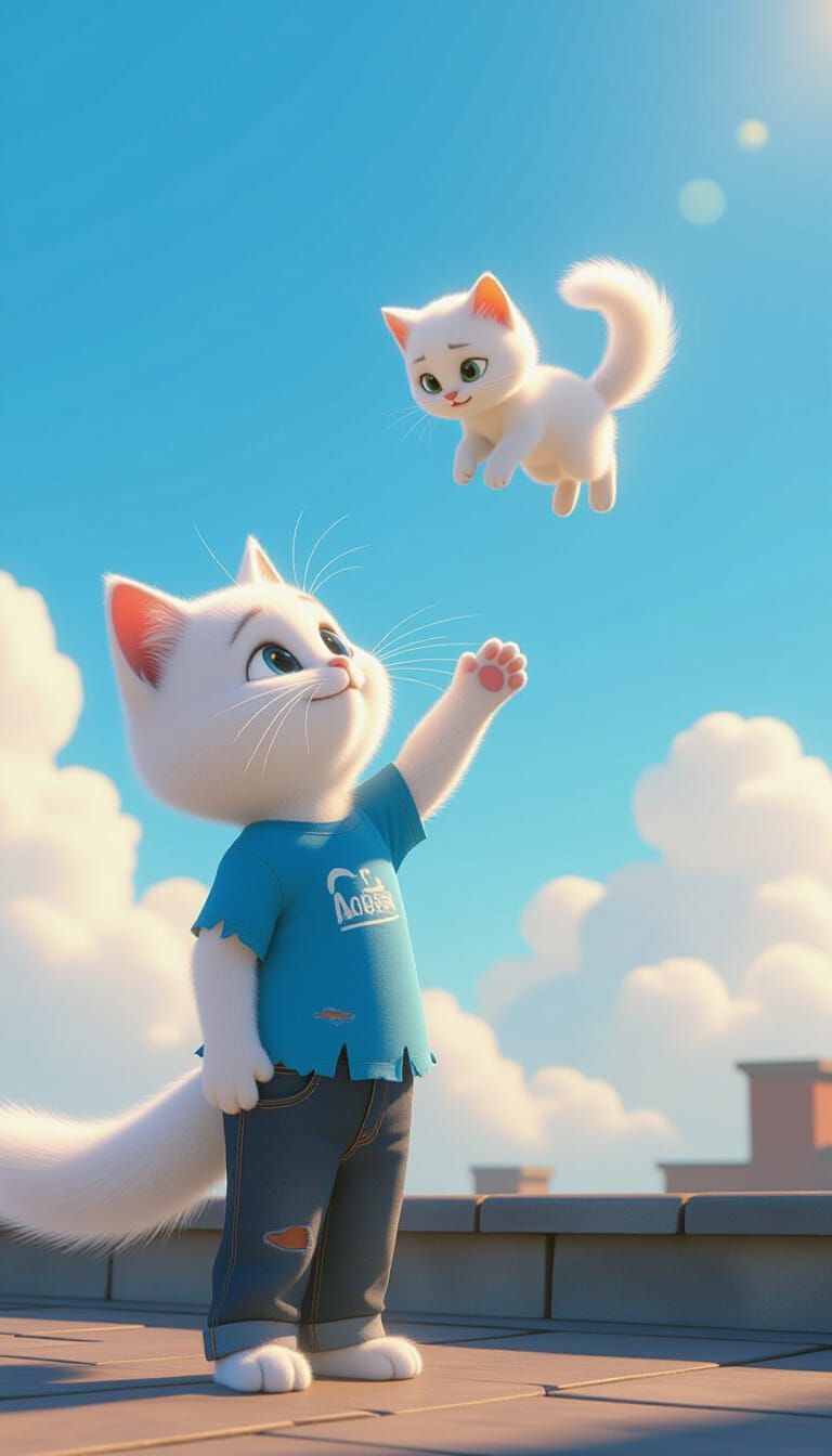 Cat Reaching for Kitten in Pixar-Inspired 3D Rendering