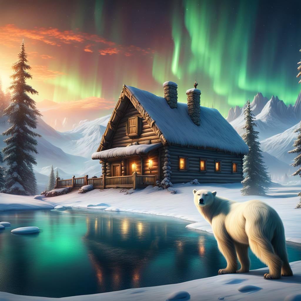 Armored Polar Bear Chase Under Aurora Borealis