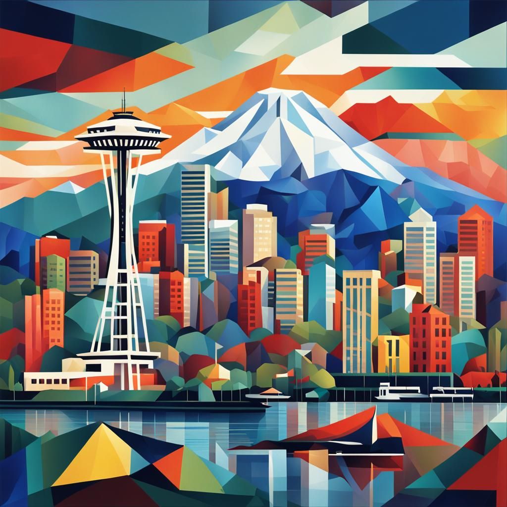 Seattle Rain: Cubist Painting with Great Wheel