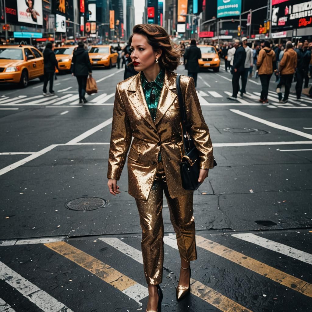 Woman in Glittering Outfit in Times Square