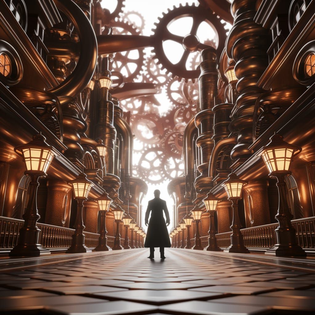 Steampunk Cityscape with Solitary Figure