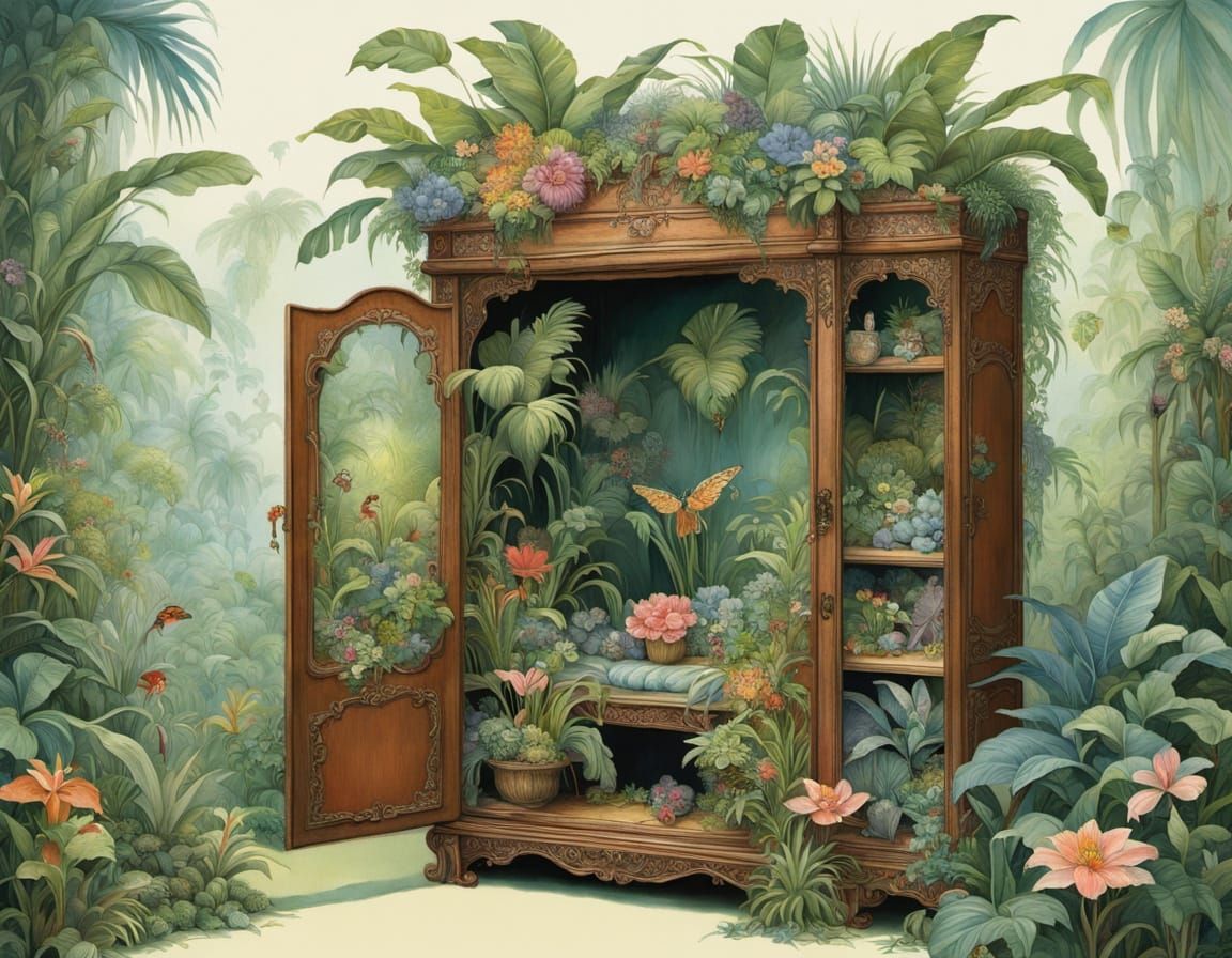 Lush Jungle Inside Antique Wardrobe, Watercolor Style