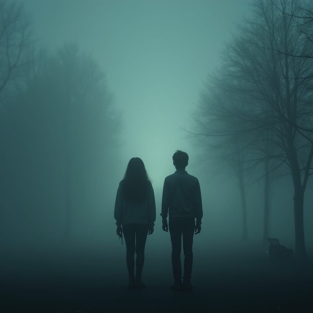 Teenagers in Ethereal Fog at Dusk Park