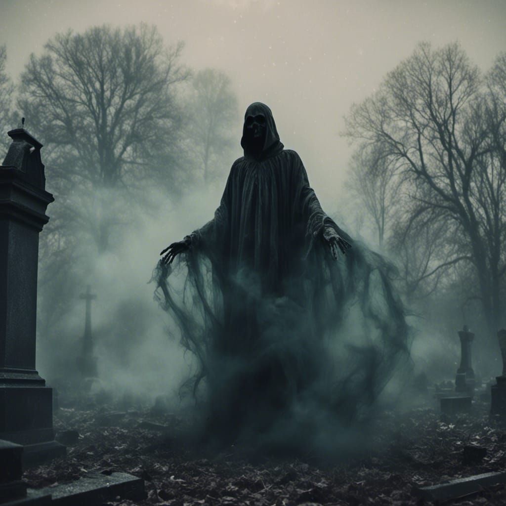 Ethereal Smoke Figure in Cemetery