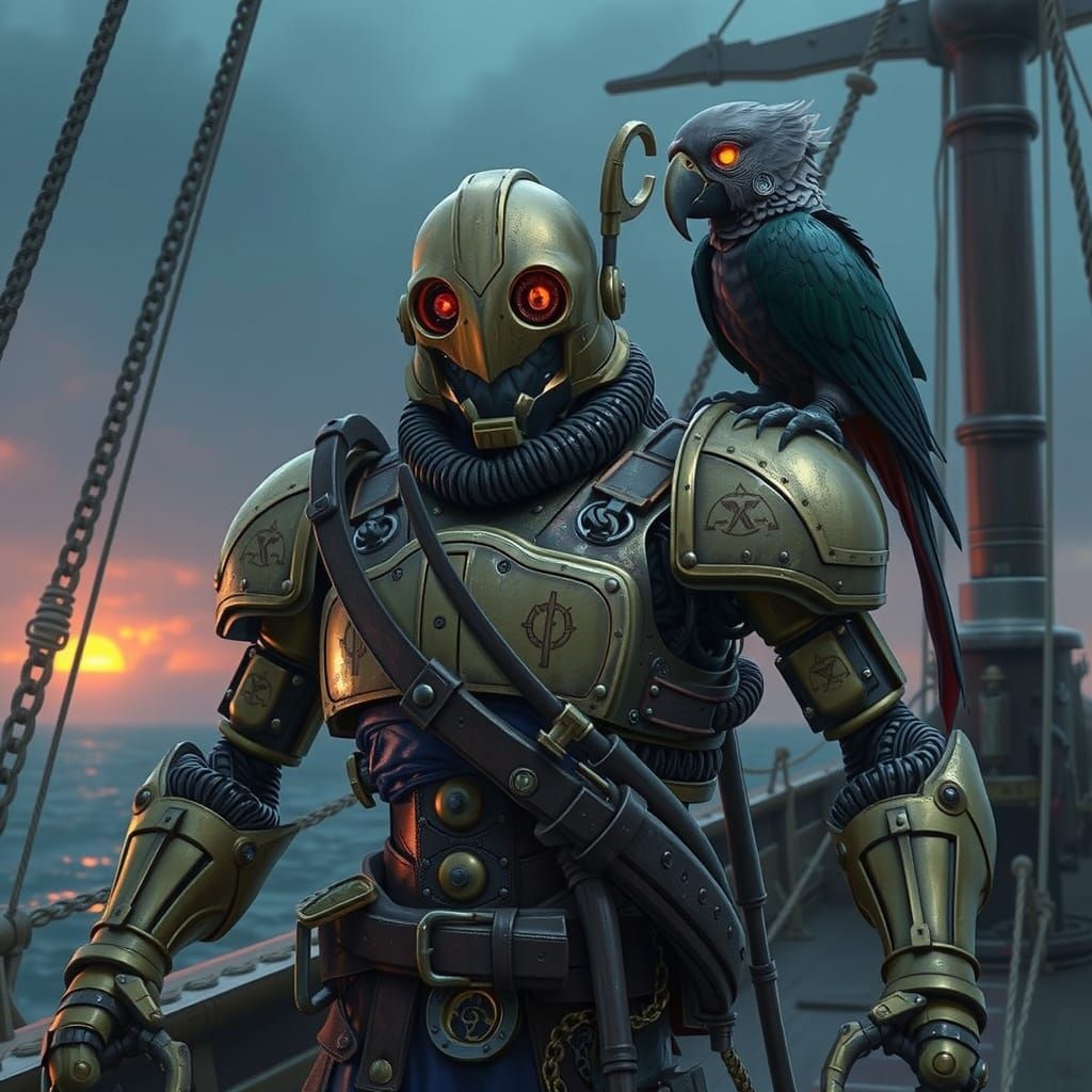 Warforged Pirate Captain with Mechanical Parrot on Galleon D...
