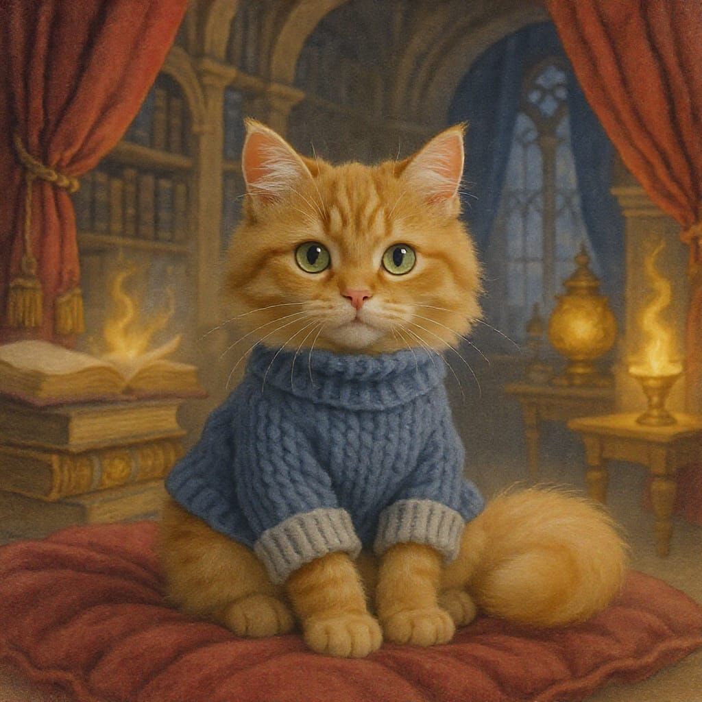 Whimsical Ginger Cat Enid in Enchanted Library