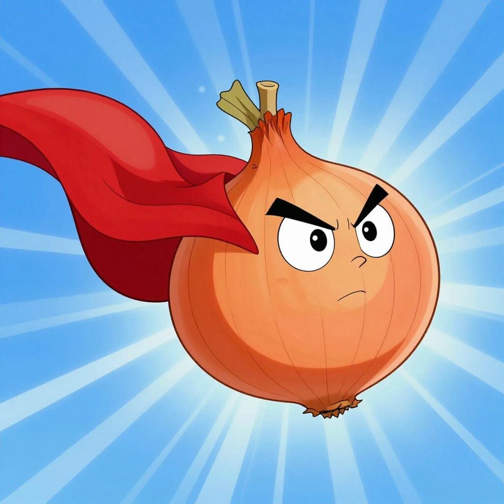 Superhero Onion Soars Through Bright Blue Sky in Cartoon Sty...