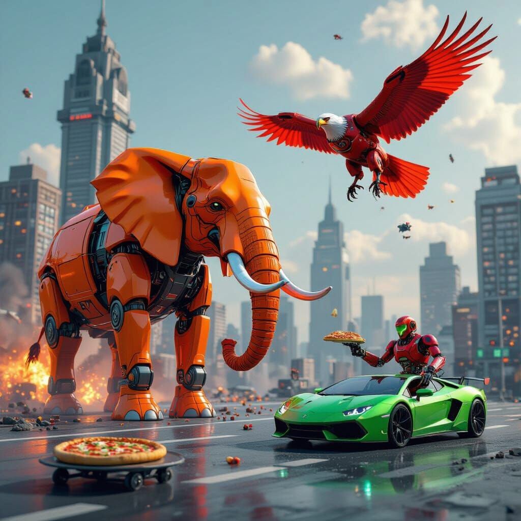 Neon Robots Protect City: 8K Sci-Fi Render