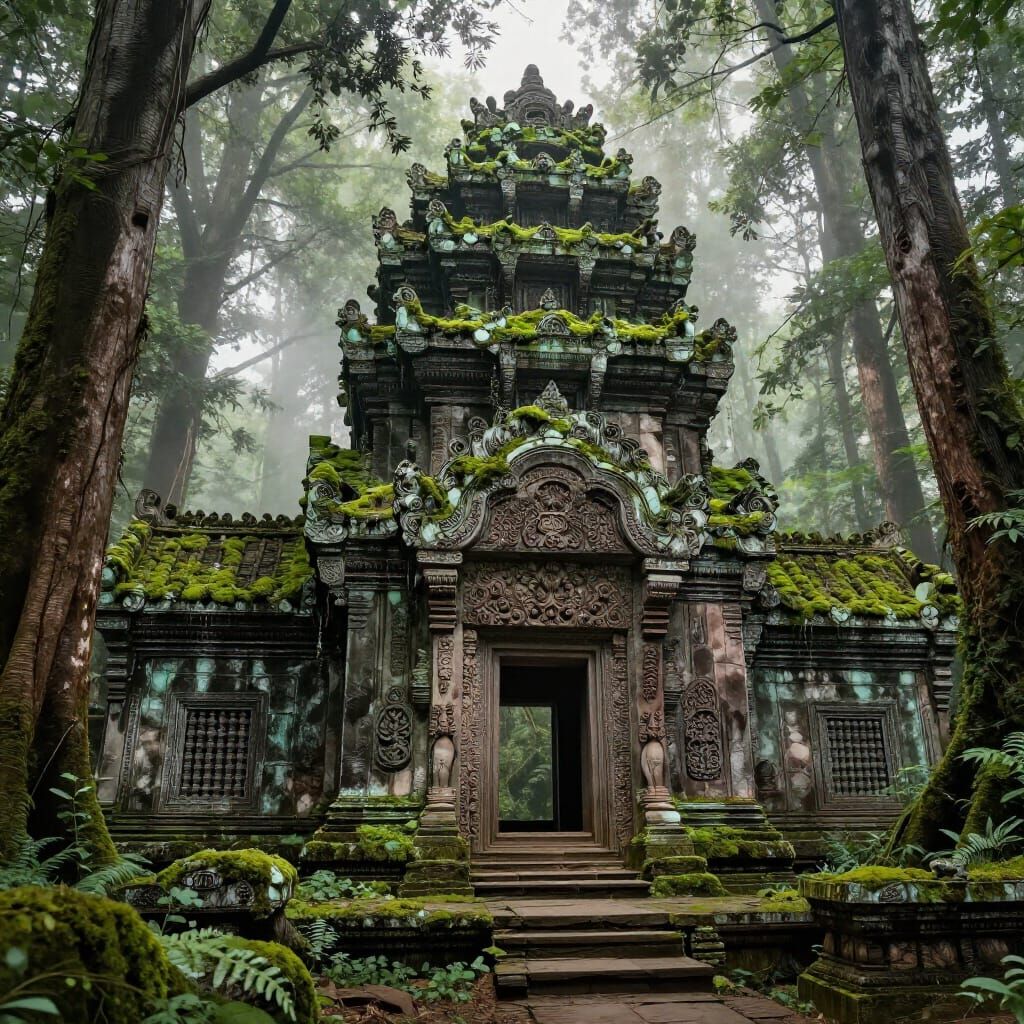 Ancient Temple in Enchanted Forest, Detailed Line Art