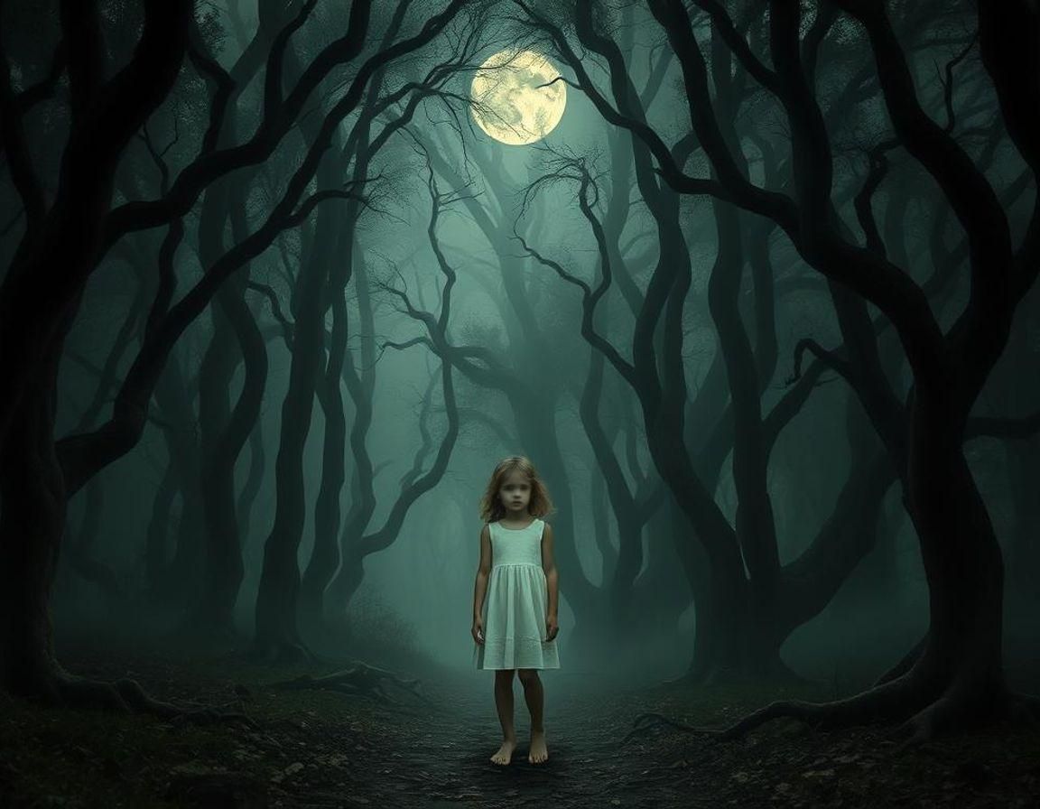 Eerie Forest Scene with a Lost Girl