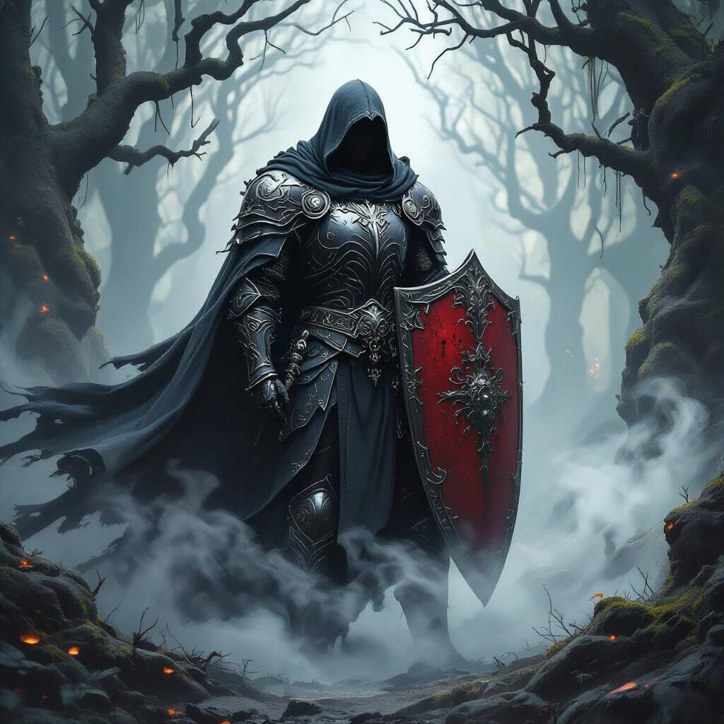 Fantasy Knight in Smoky Cloak with Silver Armor