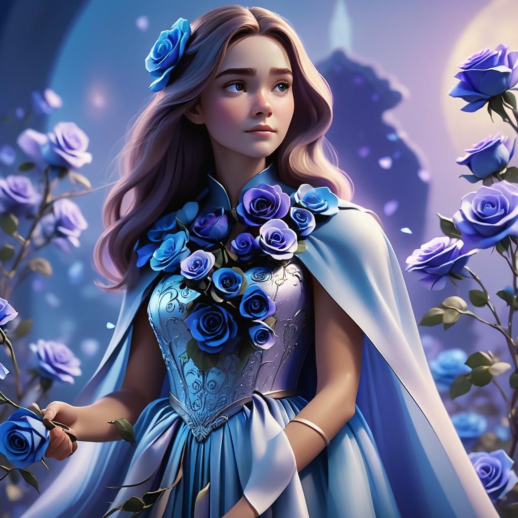 Woman Creates Blue Roses: Cinematic 3D Digital Art