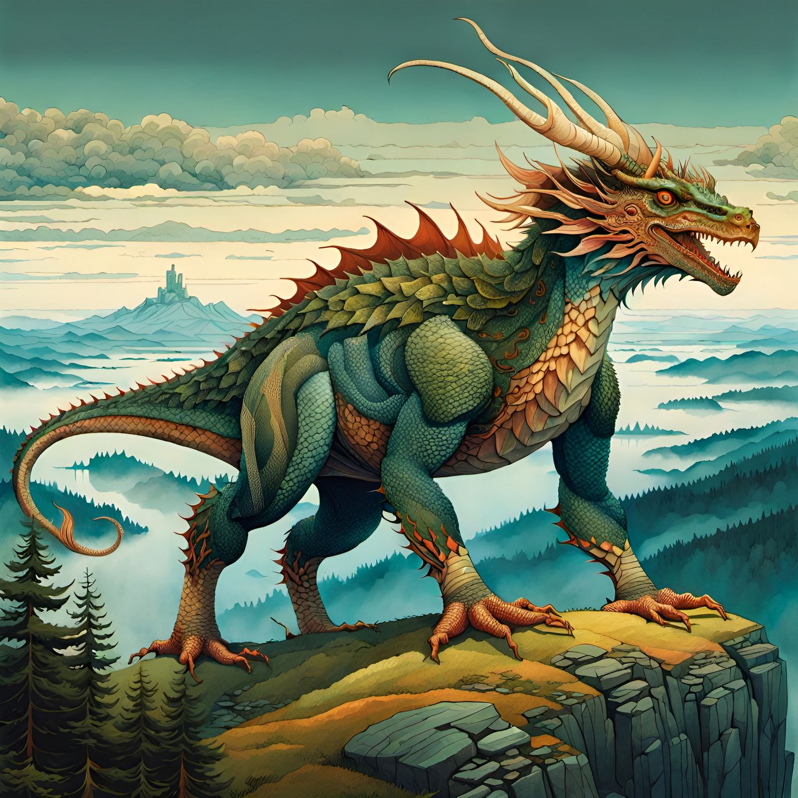 Majestic Dragon Landscape Painting in Romantic Style