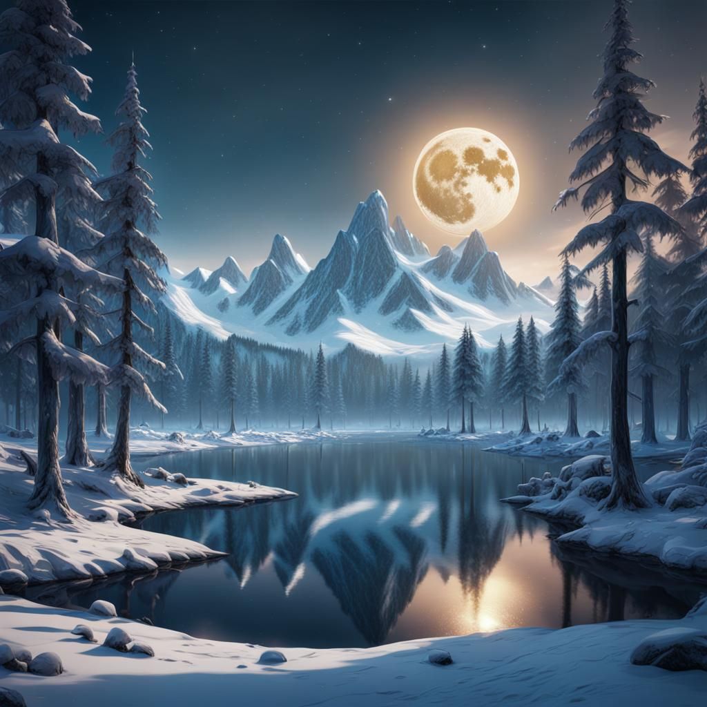 Snow Forest with Full Moon, Detailed Matte Painting