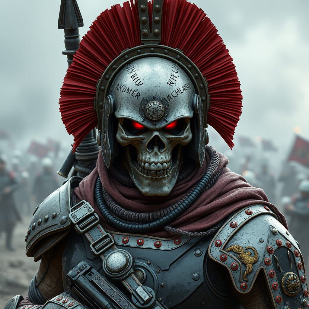 Sci-Fi Soldier in Futuristic Roman Armor with Skullpunk Inla...