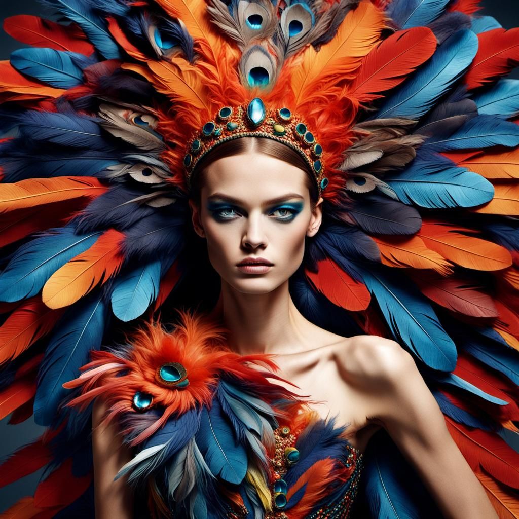 tomodel with a dress made of feathers