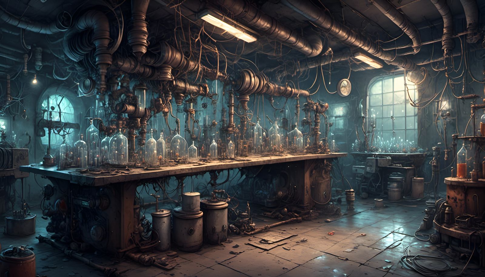 Detailed Underground Laboratory with Beakers and Equipment