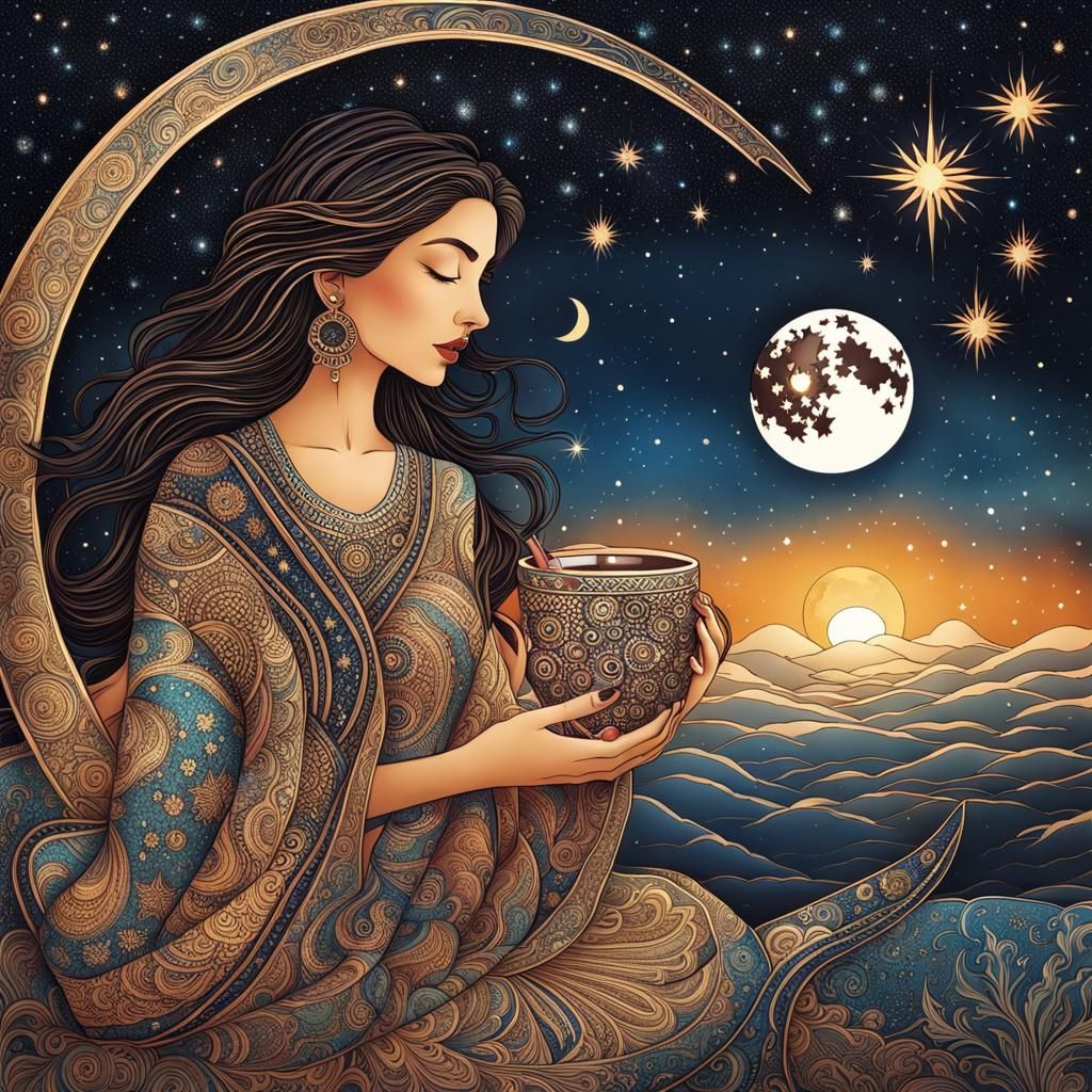 Woman Sipping Chai Under Starry Sky