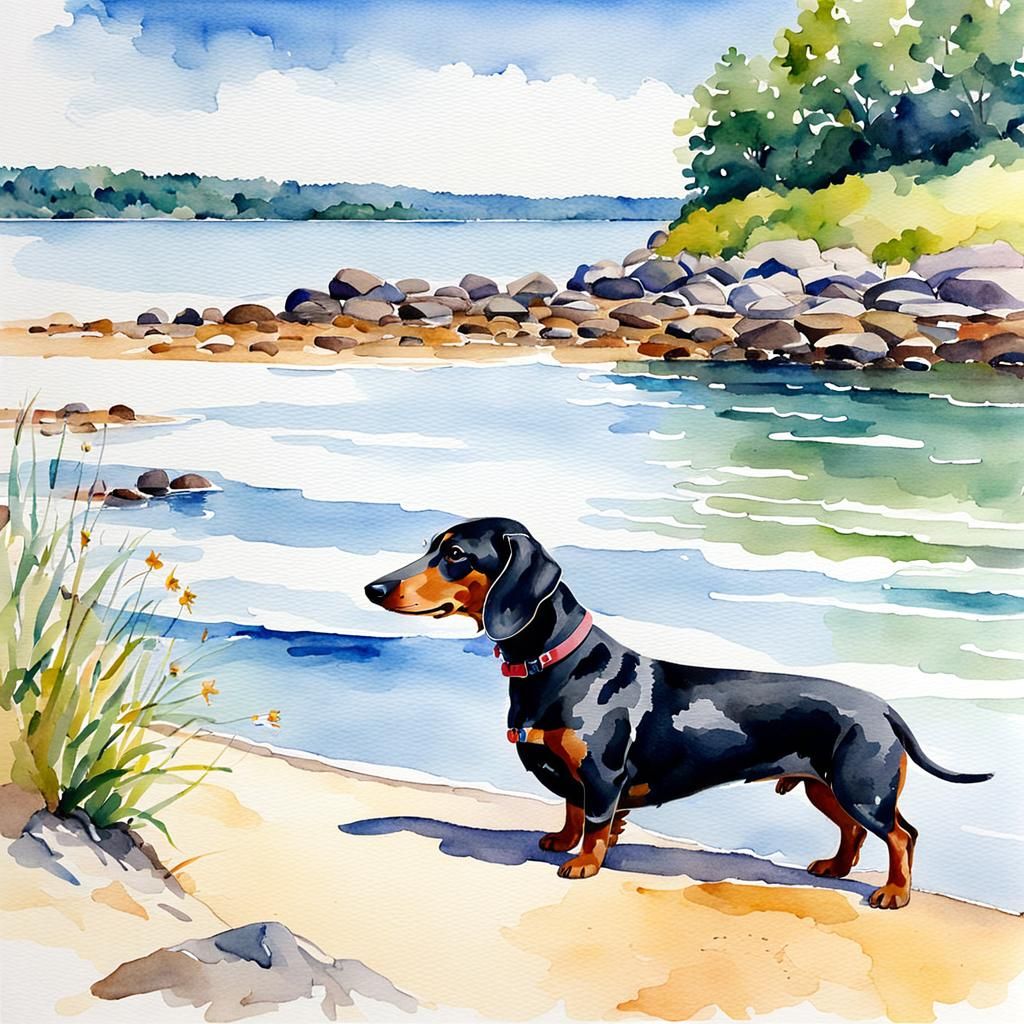Dachshund Dog on Shore in Watercolor Painting