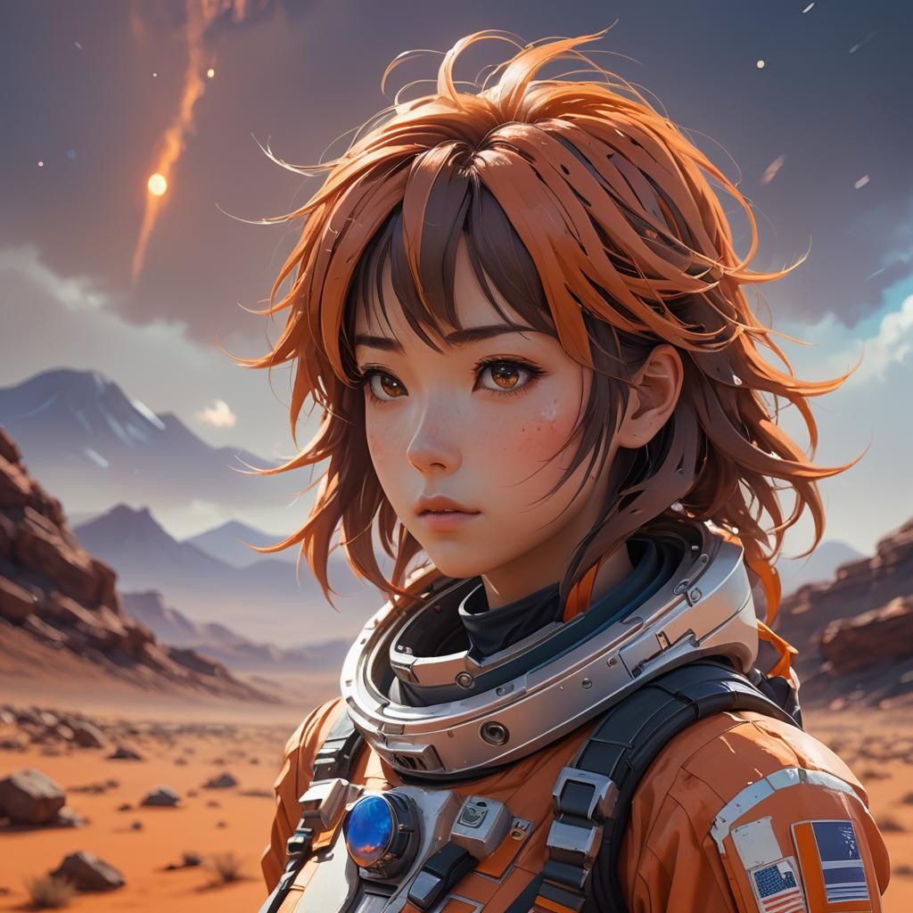 Astronaut Girl in Orange Alien Landscape: 3D Anime Art