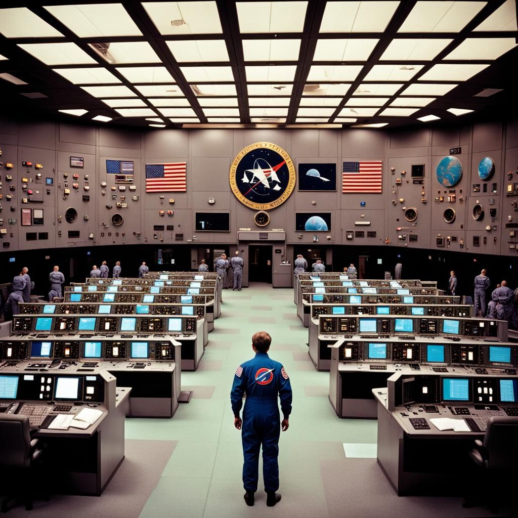 Figure Stands Alone in Space Control Center
