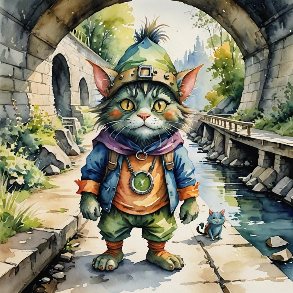 Humanoid Cat in Troll Costume: Watercolor Art