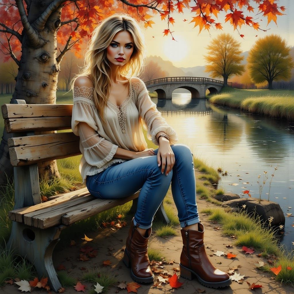 Woman by River at Sunset: Oil Painting Style