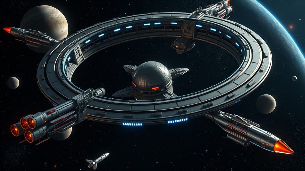 A 1200-meter diameter, 12-story space station resembling a toroidal coil