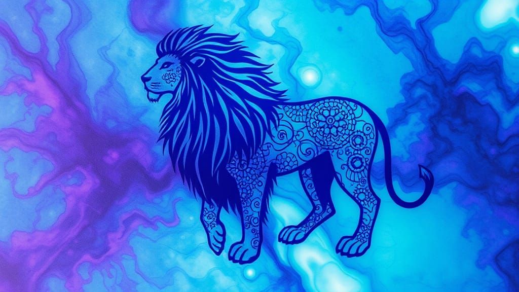 Lion in Dreamy, Abstract Ink Landscape