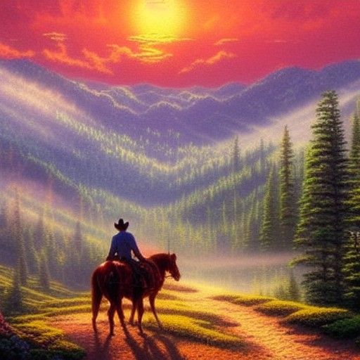 Cowboy Silhouette at Sunset in Ethereal Style