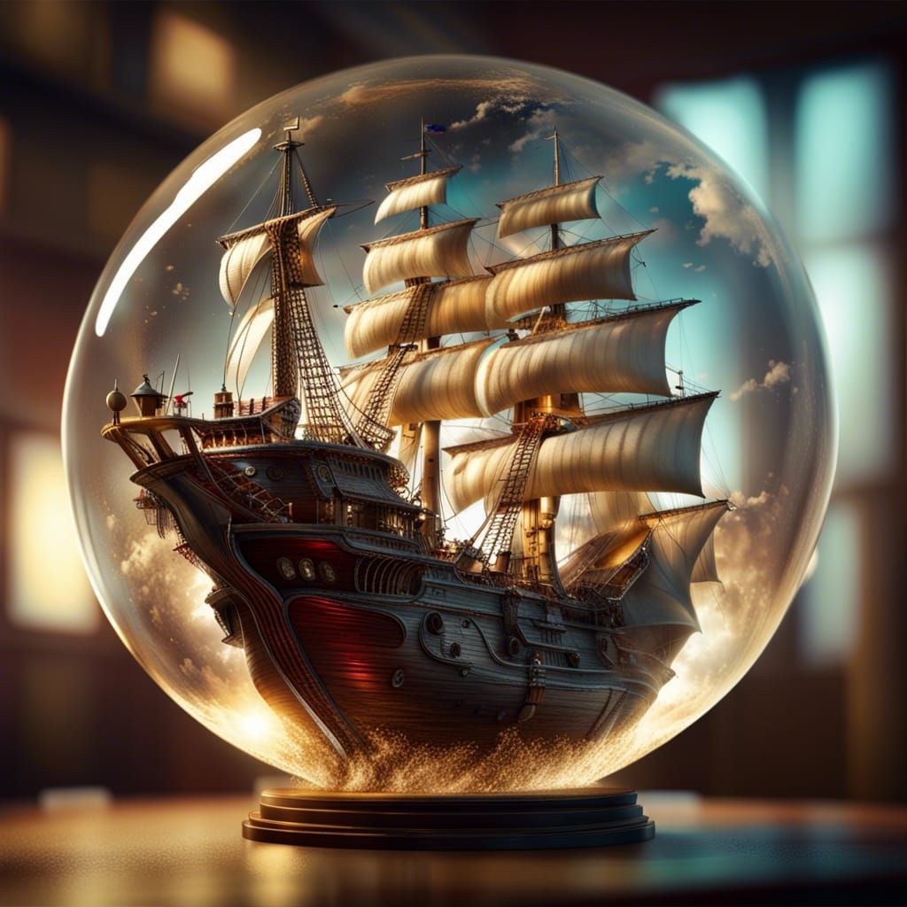 Pirate Ship Inside Glass Sphere: Photorealistic CGI Art