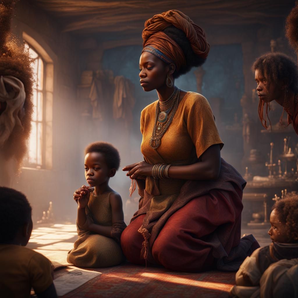 African Mother Praying: Detailed Fantasy Concept Art