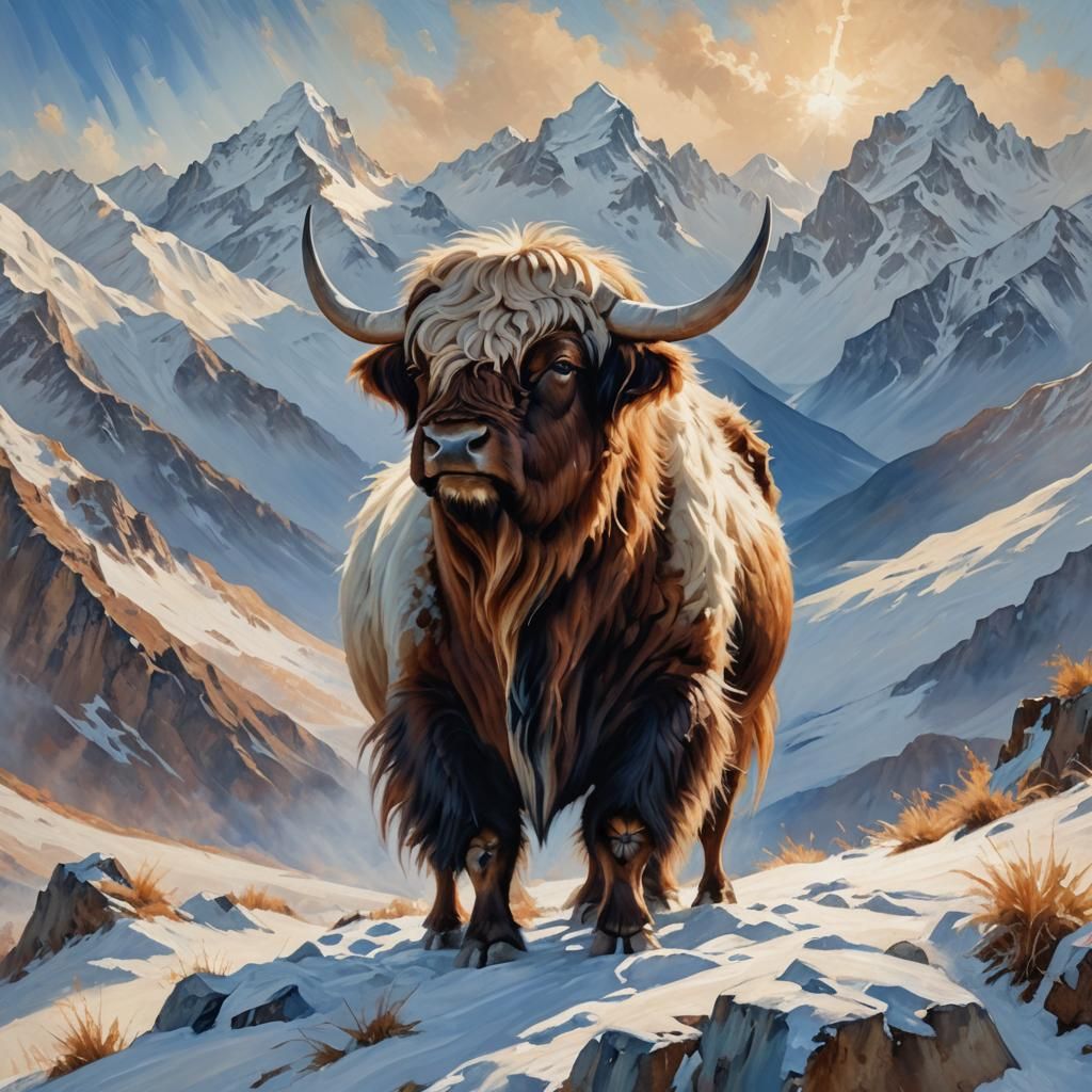 Majestic Yak on Snowy Peak: Impressionist Oil Painting