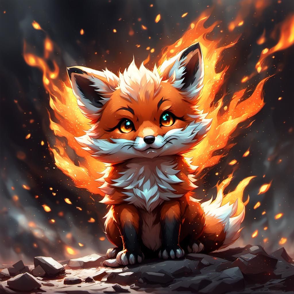 Fiery Chibi Fox Cub in Digital Painting Style