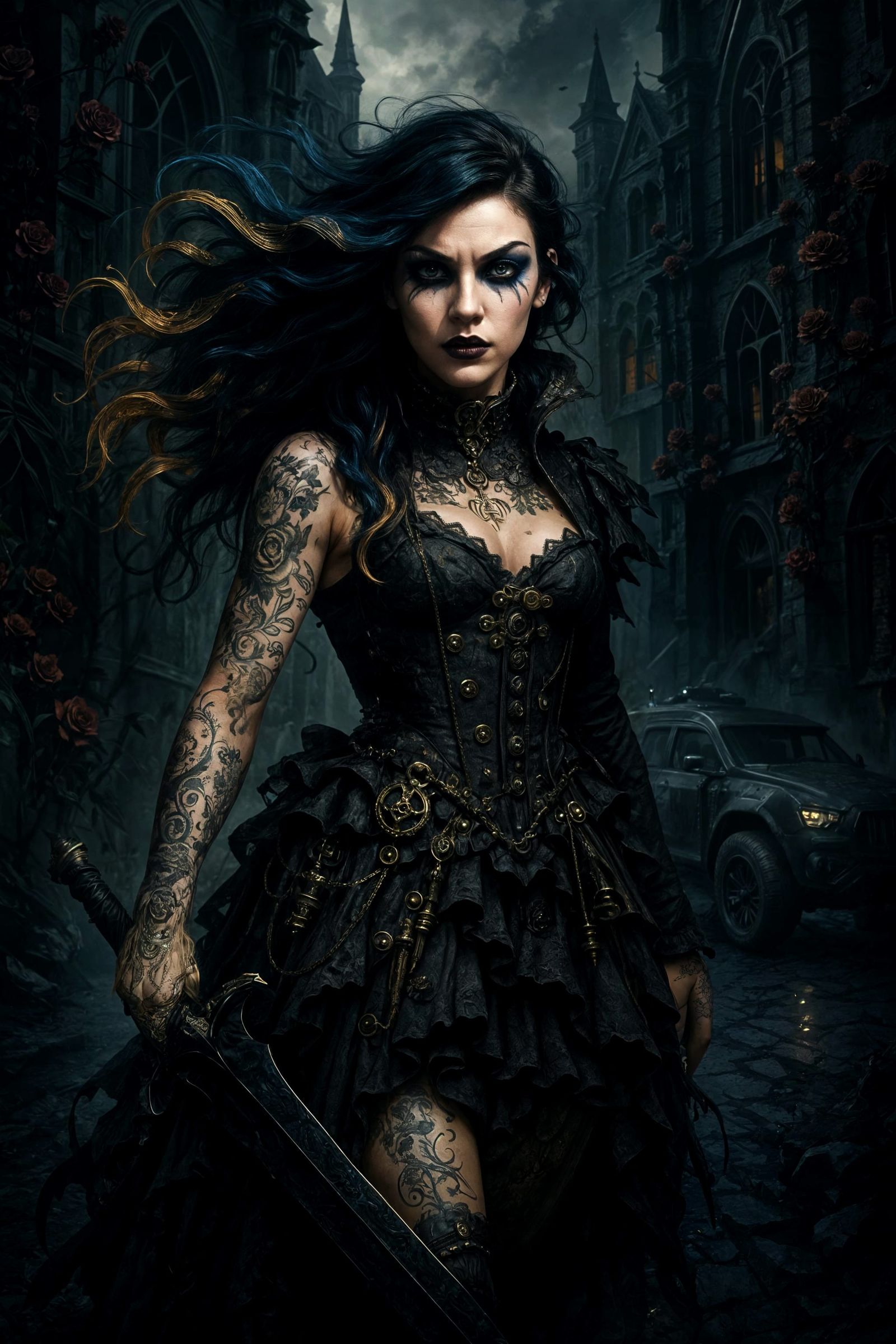 Steampunk Woman with Sapphire Hair and Brass Gears