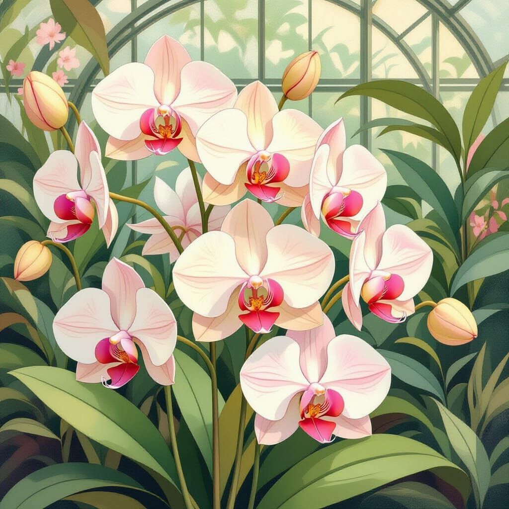 Orchids in Greenhouse, Art Nouveau Style